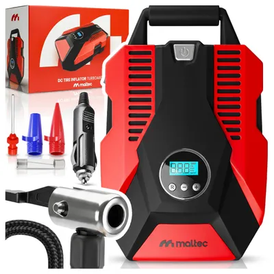 Image de Compresseur de voiture 12 V MalTec TurboAir100, 150 PSI (10 bars), avec affichage numérique, éclairage LED, arrêt automatique, préréglage de pression, 3 embouts pour voiture et vélo
