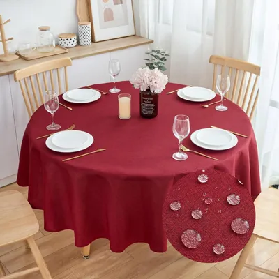 Immagine prodotto di Tovaglia rotonda, aspetto lino, 160 cm di diametro, idrorepellente, color borgogna