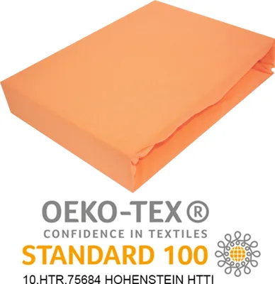 An orange fitted sheet folded and presented on a white background with certification logos.