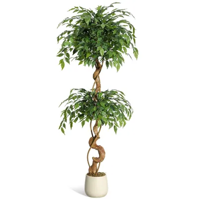 Produktbild von Ficus Benjamini Kunstbaum 150 cm – Birkenfeige mit Echtholzstamm, täuschend echte Seidenblätter, pflegeleicht & immergrün, Deko für Wohnzimmer & Büro