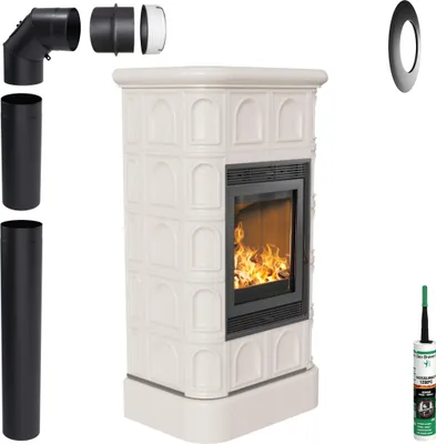 A white tiled wood-burning stove with accessories, including pipes and sealant, displayed against a white background.