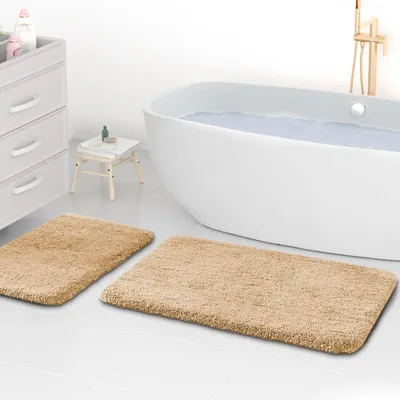 Image de Tapis de bain en microfibre, épaisseur 2 cm, ultra-absorbants, dimensions 50 x 80 cm et 40 x 60 cm, couleur camel