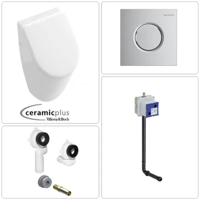 Produktbild von VILLEROY & BOCH SUBWAY Urinal mit SoftClose Deckel & GEBERIT Rohbauset + Betätigungsplatte in chrom