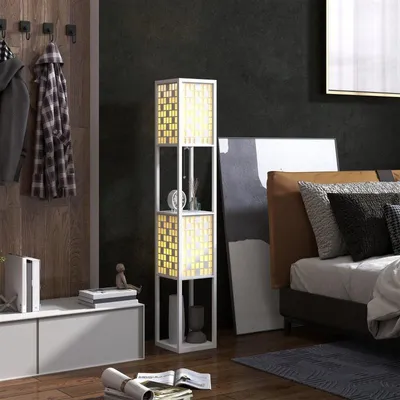 Produktbild von Fortuna Lai Stehlampe, Stehleuchte mit 2 Fächern, E27 Sockel, Gittermustersäule Standlampe mit Fußschalter und Zugkette, für Wohnzimmer, Weiß, exkl. Glühbirne