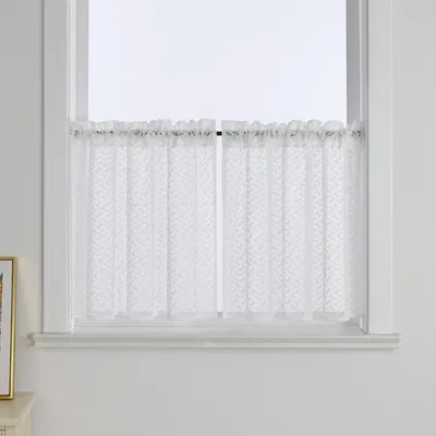 Produktbild von 2er Set Scheibengardine Jacquard Bistrogardine mit Tunnelzug Kurzgardinen Halbtransparent Weiß HxB 45x90 cm