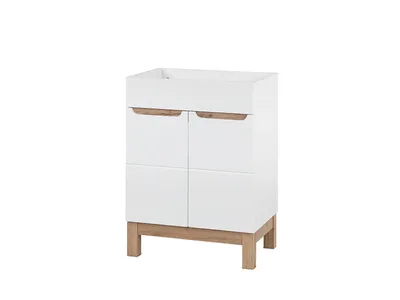 A white bathroom cabinet with wooden legs and accents, shown against a white background.