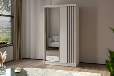 Produktbild von AGMAT Schwebetürenschrank Lugo, Kleiderschrank mit 2 Türen und Spiegel, Moderne Garderobe in Farbe: Weiß / Weiß, Schrank in Größe: 120 x 216 x 61 cm