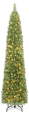 Immagine prodotto di Albero di Natale artificiale COSTWAY, altezza 180 cm, con 445 punte di rami, 180 luci LED bianco caldo, supporto in metallo e sistema pieghevole, albero di Natale di forma stretta