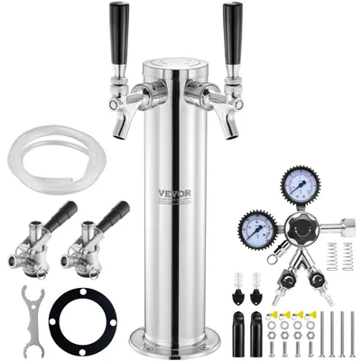 Bierfass-Turm-Set, 2 Zapfhähne, Edelstahl, Doppel-Manometer
