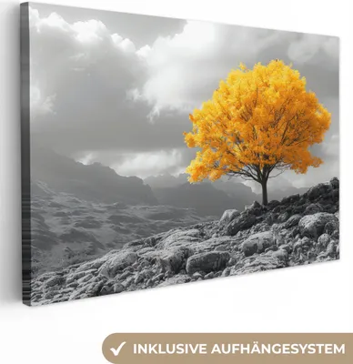 Produktbild von Leinwand Bilder 120x80 cm - Lebensbaum - Gelb - Natur - Schwarz und Weiß, Bilder, Wanddeko Wohnzimmer