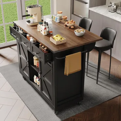 Image de Îlot de cuisine mobile avec plateau de travail extensible sur roulettes, couleur noire