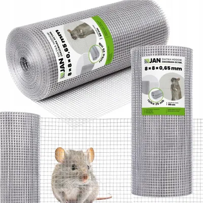 A collage of images showing rolls of wire mesh and a close-up of a rodent behind the mesh.