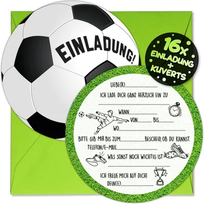Productafbeelding van Uitnodigingskaarten voetbal, 16 stuks, met 16 bijbehorende enveloppen, voor een kinderfeestje