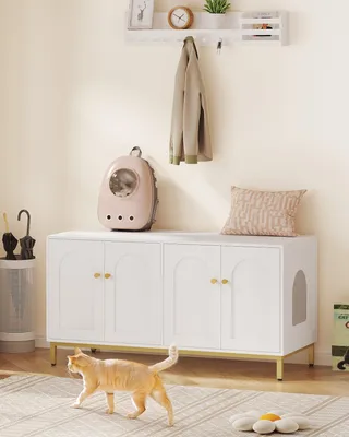 Imagen del producto de Mueble para arenero doble - Blanco y dorado - 120x50x61 cm - Fabricado en aglomerado y acero