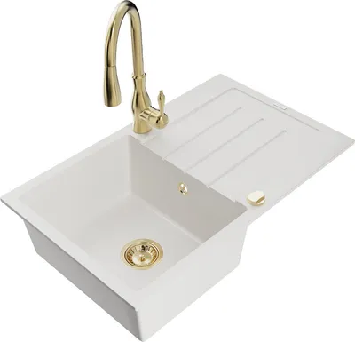 Produktbild von Mexen Bruno 1 Becken-Granitspüle mit Abtropffläche und Mischbatterie Savita, Weiß - 6513-20-672601-50