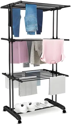 Produktbild von PolkaHome® Zusammenklappbarer Wäscheständer mit 3 Etagen – Wäscheturm – 72x50x172 cm, Schwarz