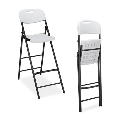 Produktbild von Relaxdays Barhocker klappbar, 2er Set, mit Lehne, HxBxT: 118 x 44,5 x 82 cm, hoher Barstuhl, Kunststoff & Stahl, weiß