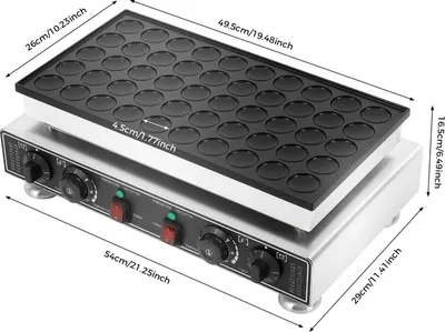 Image de Appareil à poffertjes - Mini-crêpes - Appareil de cuisson électrique - 50 alvéoles - 1 800 W - Revêtement antiadhésif - Température : 50–300 °C - Minuterie : 1–5 min - Acier inoxydable - Argent/Noir