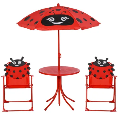 Produktbild von Kinder-Gartentisch- und Stuhlset, faltbares Picknickset fš¹r Kinder, Tischset mit h?henverstellbarem Sonnenschirm (100šC125 cm), rotes Marienk?fer-Design