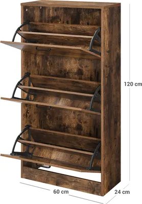 A tall, narrow shoe cabinet with three flip-down drawers, shown in a neutral setting with dimensions indicated.