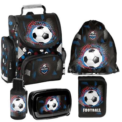 Produktbild von Schulrucksack Mädchen Jungen Motiv FOOTBALL 5 T Set Rucksack, Federmäppchen, Schuhbeutel, Trinkflasche, Frühstückstasche Mega-Set Paso FUßBALL