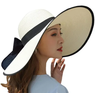 Produktbild von Damen-Strohhut mit großer Schleife, faltbar, zum Aufrollen, Strandhut, Sonnenhut, UV-Schutz, Weiß