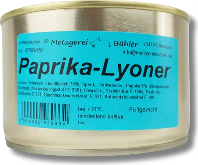 Produktbild von Paprika Lyoner Fleischwurst Dosenwurst - Wurstkonserve | Metzgerei Bühler – 190g
