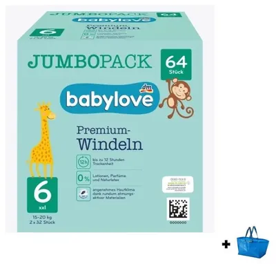 Image de Babylove Lot de 64 couches de qualité supérieure Taille 6 XXL 15-20 kg