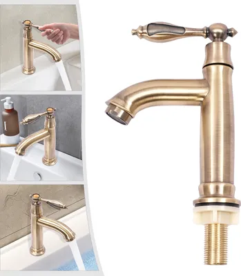 A collage of images showing a gold-colored bathroom faucet being used and installed.