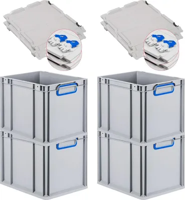 Produktbild von SuperSparSet 4x Eurobox NextGen Color mit Scharnierdeckel und Schiebeschnappverschlüssen | HxBxT 32x30x40cm | 30 Liter | Grau | Griffe blau geschlossen | Glatter Boden | Eurobehälter, Transportbox, Transportbehälter, Stapelbehälter