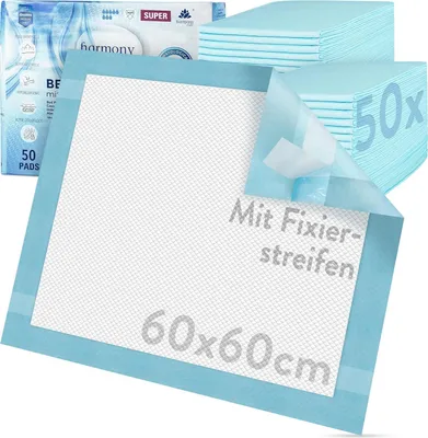Produktbild von Harmony Care® Inkontinenz Bettunterlage mit Fixierstreifen rutschfeste Inkontinenzauflagen Einlagen Krankenunterlagen einweg - 60x60 cm, 50 Stück