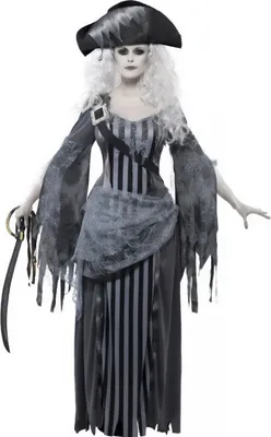 A woman dressed in a pirate costume, standing against a white background.