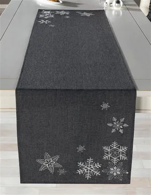 Produktbild von Tischläufer in edlem grau mit Stickerei "Eiskristall" in silber, 40x140 cm