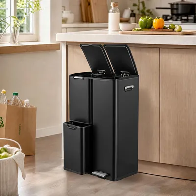 Produktbild von SONGMICS Mülltrennsystem Küche 60 L Tretmülleimer mit 3 Fächern 46,7 x 39 x 71,9 cm Schwarz