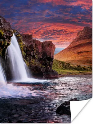 Produktbild von MuchoWow® Poster Wasserfall - Berg - Wolken - Rosa - Landschaft 120x160 cm - Wandbilder