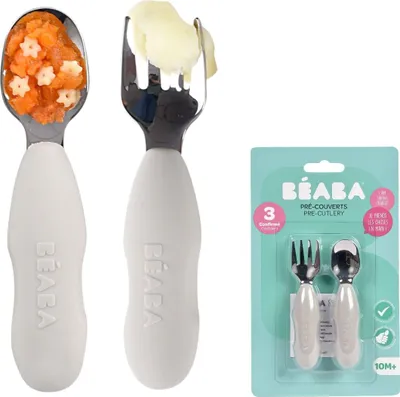 Obrázek produktu pro BÉABA, sada 2 příborů z nerezové oceli a silikonu, dětský příbor, dětský příbor, od 10 měsíců, ergonomický tvar, ergonomická rukojeť, dětský příbor pro učení, Velvet grey