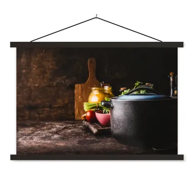 Produktbild von MuchoWow® Textilposter Rustikal - Stilleben - Pfanne - Gemüse 90x60 cm mit schwarzem Rahmen - Aufhängungssatz