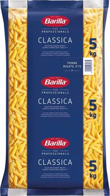 A bag of Barilla penne pasta.