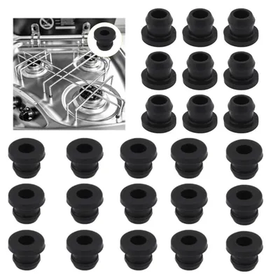 A collection of black rubber feet for a stove, with a close-up inset of the feet on a stove.