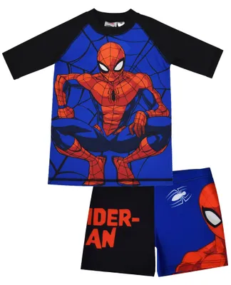 Produktbild von Marvel Spiderman Schwimmset UV-Schutz 30 für Jungen - Kinder Badeanzug Badeset kurzarm Shirt und Hose Zweiteiler Schwarz/Blau 122-128