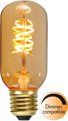A close-up studio shot of a single Edison-style LED light bulb with an amber glass enclosure and a spiral filament.