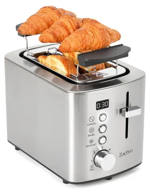 Productafbeelding van RVS-tostapparaat met 2 sleuven, LED-timer en broodroosteraccessoire met 2 vakken