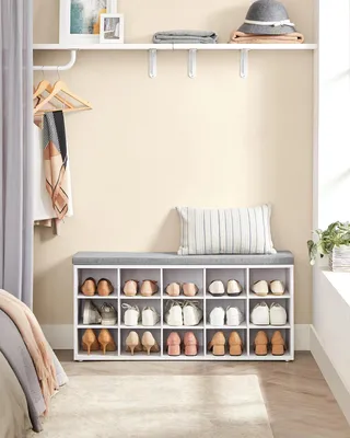 Produktbild von Schuhbank - Schuhregal mit Sitzfläche - Gepolstertes Kissen - 15 Fächer - Flur-Aufbewahrung - Weiß