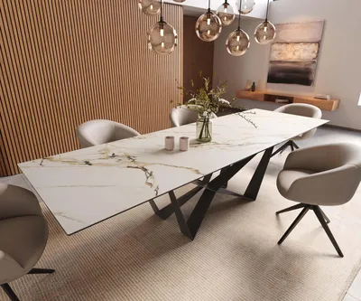 Produktbild von DELIFE Esstisch Edge 300x100 Keramik Calacatta Luxe Weiß-Gold-Grau Spider Flachstahl Schwarz