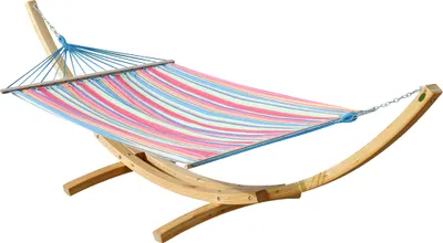 Produktbild von ALEOS. 410cm XXL Hängemattengestell NATUR-SAMANA Hängematte mit Gestell aus Holz Lärche natur mit Stabhängematte gestreift