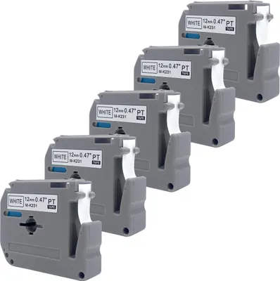 Produktbild von DULA Etikettenband - Kompatibel mit Brother P-Touch M-K231 - 5 Stück - Schwarz auf weiß - 12mm x 8m