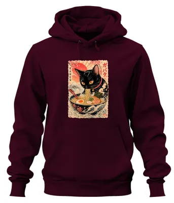 Immagine prodotto di Felpa con cappuccio a tema "Ramen Schwarze Katze", stile anime giapponese, anni 2000, con motivo della zuppa di noodles, colore bordeaux, taglia L