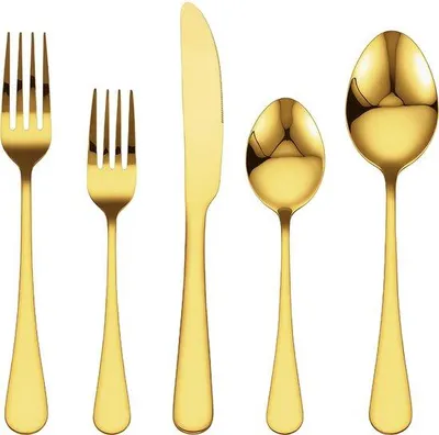 Produktbild von 60-teiliges Besteckset für 12 Personen, hochglanz poliert, Edelstahl, Geschirrspülerfest, Küche & Haushalt, mit Messer, Gabel, Löffel, Gold
