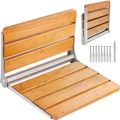 Zdjęcie produktu dla Składane siedzisko prysznicowe dąb - Ławka prysznicowa do montażu ściennego - Nośność 200 kg - 340x408 mm - Z oparciem - Meble łazienkowe