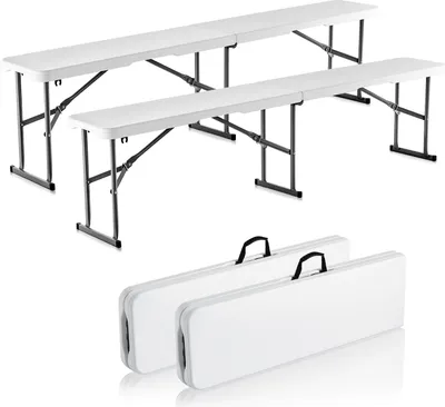 Immagine prodotto di VEVOR panca pieghevole in plastica, panca pieghevole portatile da 1,83 m, panca da esterno in HDPE impermeabile e liscia, sedile per picnic e campeggio con maniglia per il trasporto, per attività di intrattenimento come il calcio in giardino, bianco (confezione da 2)
